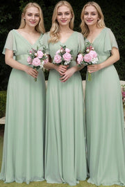 A-Line/Princess Chiffon Ruched V-neck Short Sleeves Sweep/Brush Train Bridesmaid Dresses-0
