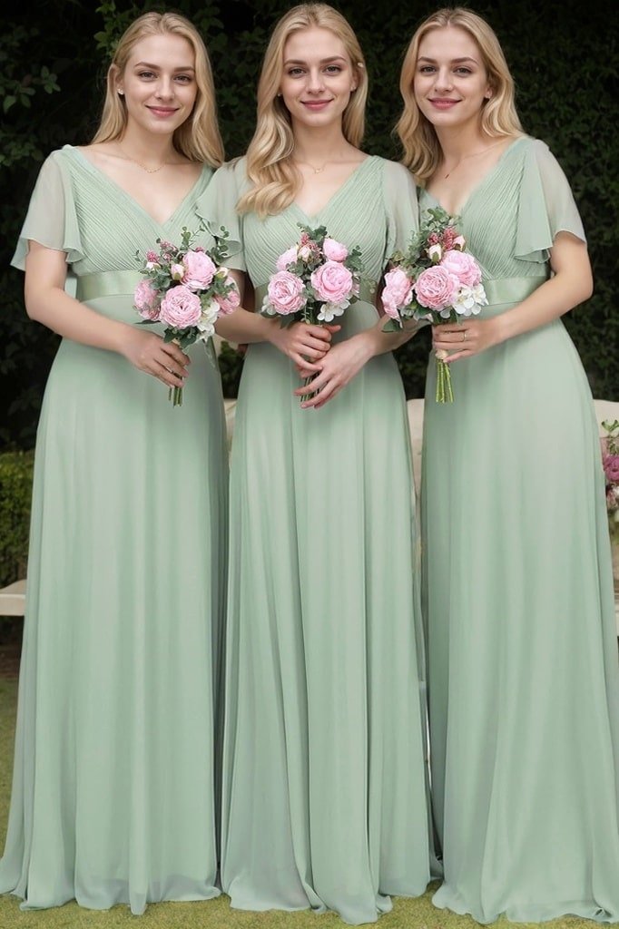 A-Line/Princess Chiffon Ruched V-neck Short Sleeves Sweep/Brush Train Bridesmaid Dresses-0