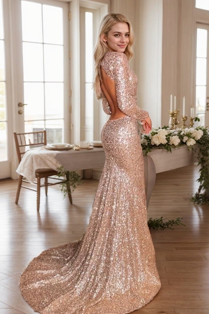 Trumpet/Mermaid Sequins Long Sleeves V-neck Court Train Ruffles Prom Dresses
