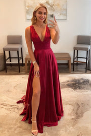 A-Line/Princess Elastic Woven Silk Applique V-neck Sleeveless Sweep/Brush Train Prom Dresses