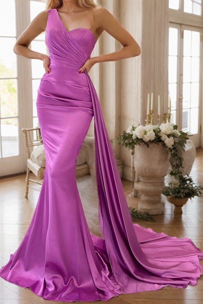 Trumpet/Mermaid One-Shoulder Sleeveless Sweep Train Satin Prom Dresses With Pleated