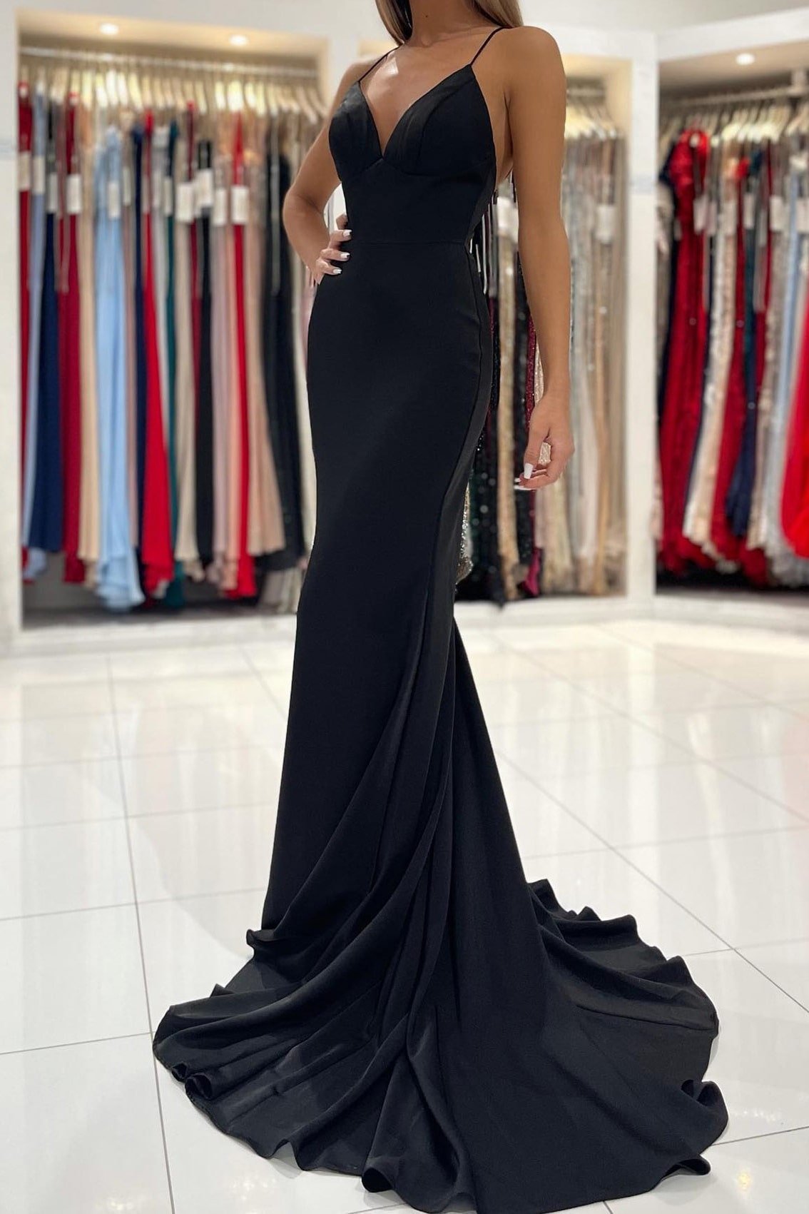 Trumpet/Mermaid V Neck Sweep Train Sleeveless Elastic Satin Prom Dress