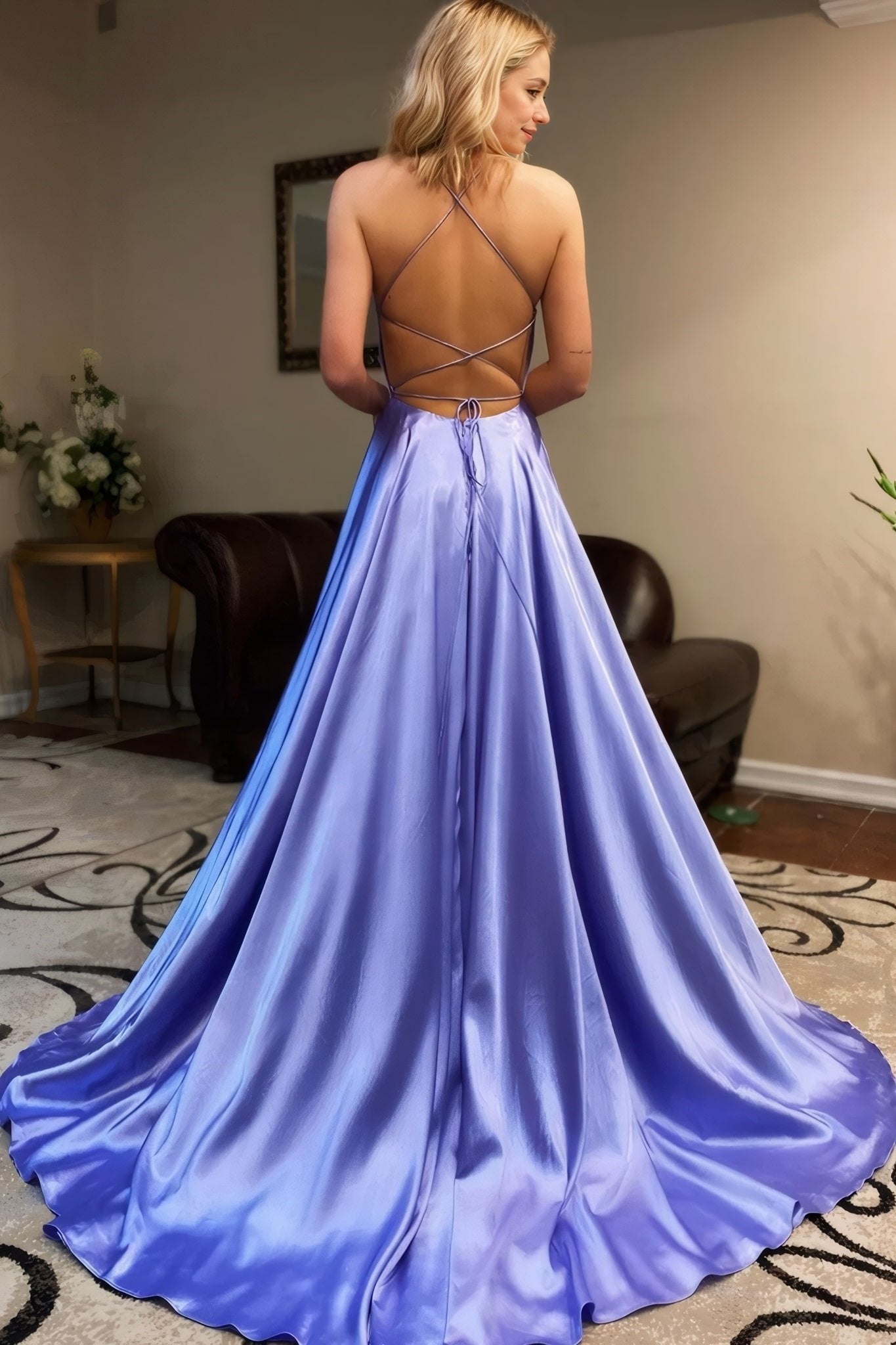 A-line V Neck Sleeveless Charmeuse Sweep Train Prom Dress With Split
