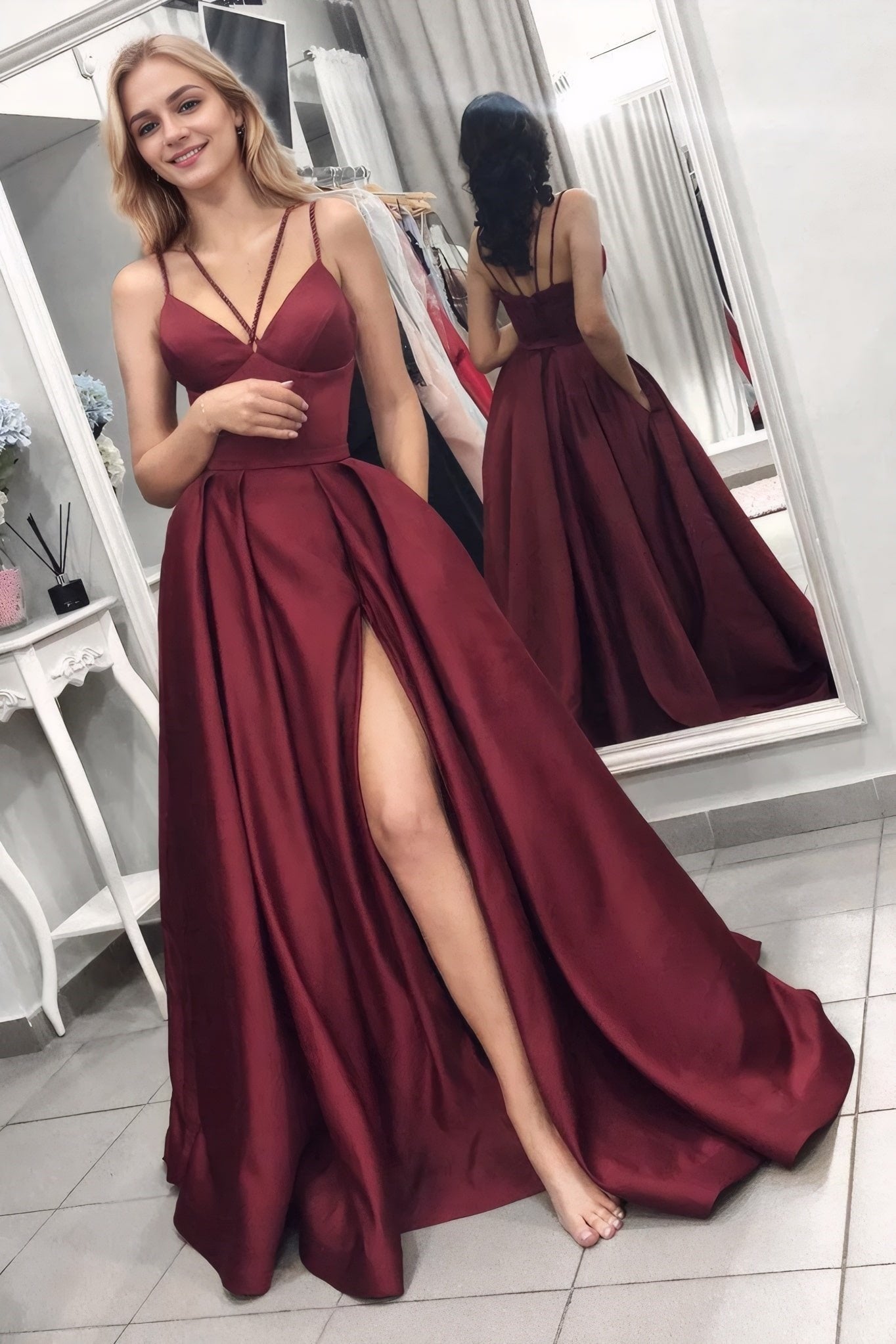 A-Line/Princess Sleeveless Spaghetti Straps Sweep/Brush Train Ruffles Satin Dresses