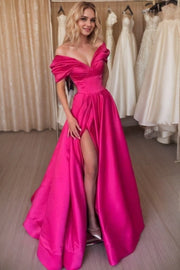 A-line Off-the-Shoulder Short Sleeve Satin Long/Floor-Length Prom Dresses With Ruffles Split