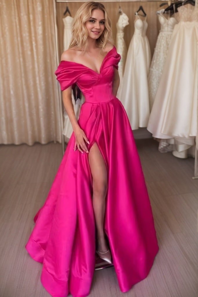 A-line Off-the-Shoulder Short Sleeve Satin Long/Floor-Length Prom Dresses With Ruffles Split