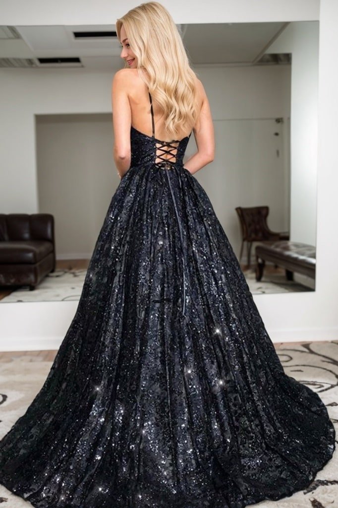 A-Line/Princess Floor-Length V-neck Sequin Sleeveless Sequins Prom Dresses