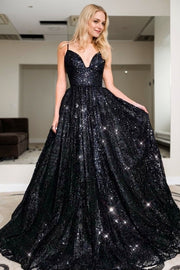 A-Line/Princess Floor-Length V-neck Sequin Sleeveless Sequins Prom Dresses
