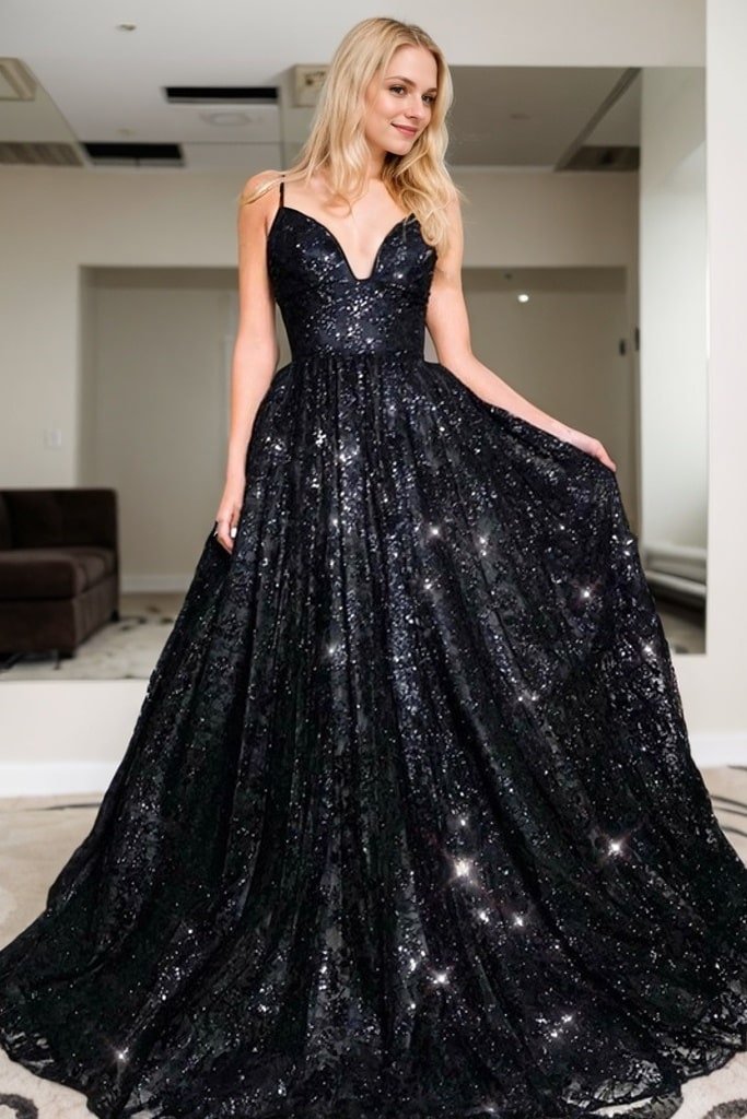 A-Line/Princess Floor-Length V-neck Sequin Sleeveless Sequins Prom Dresses