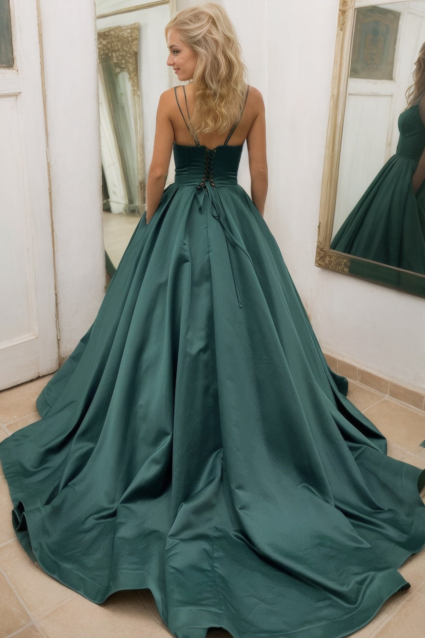 Ball Gown Sleeveless Scalloped Neck Sweep Train Satin Prom Dresses With Pleated Pockets