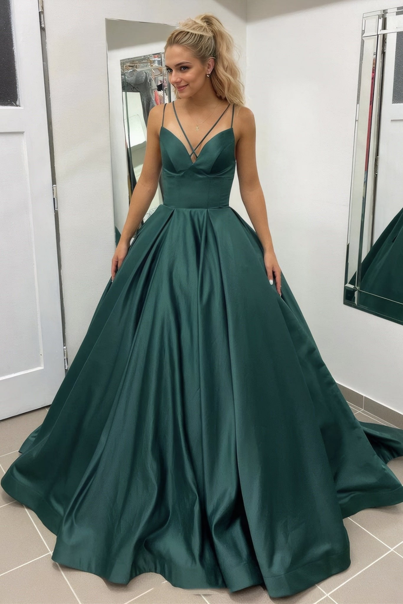 Ball Gown Sleeveless Scalloped Neck Sweep Train Satin Prom Dresses With Pleated Pockets