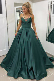 Ball Gown Sleeveless Scalloped Neck Sweep Train Satin Prom Dresses With Pleated Pockets