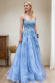 A-Line/Princess Tulle Applique Spaghetti Straps Sleeveless Sweep/Brush Train Prom Dresses
