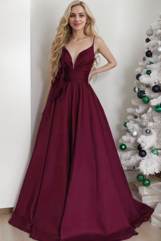 A-line V Neck Spaghetti Straps Long/Floor-Length Charmeuse Prom Dresses With Pockets