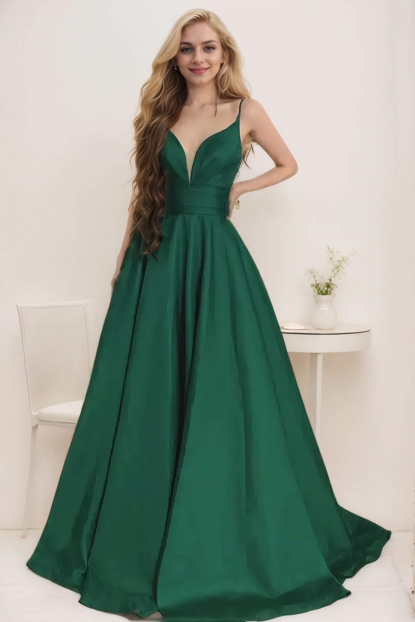 A-line V Neck Spaghetti Straps Long/Floor-Length Charmeuse Prom Dresses With Pockets