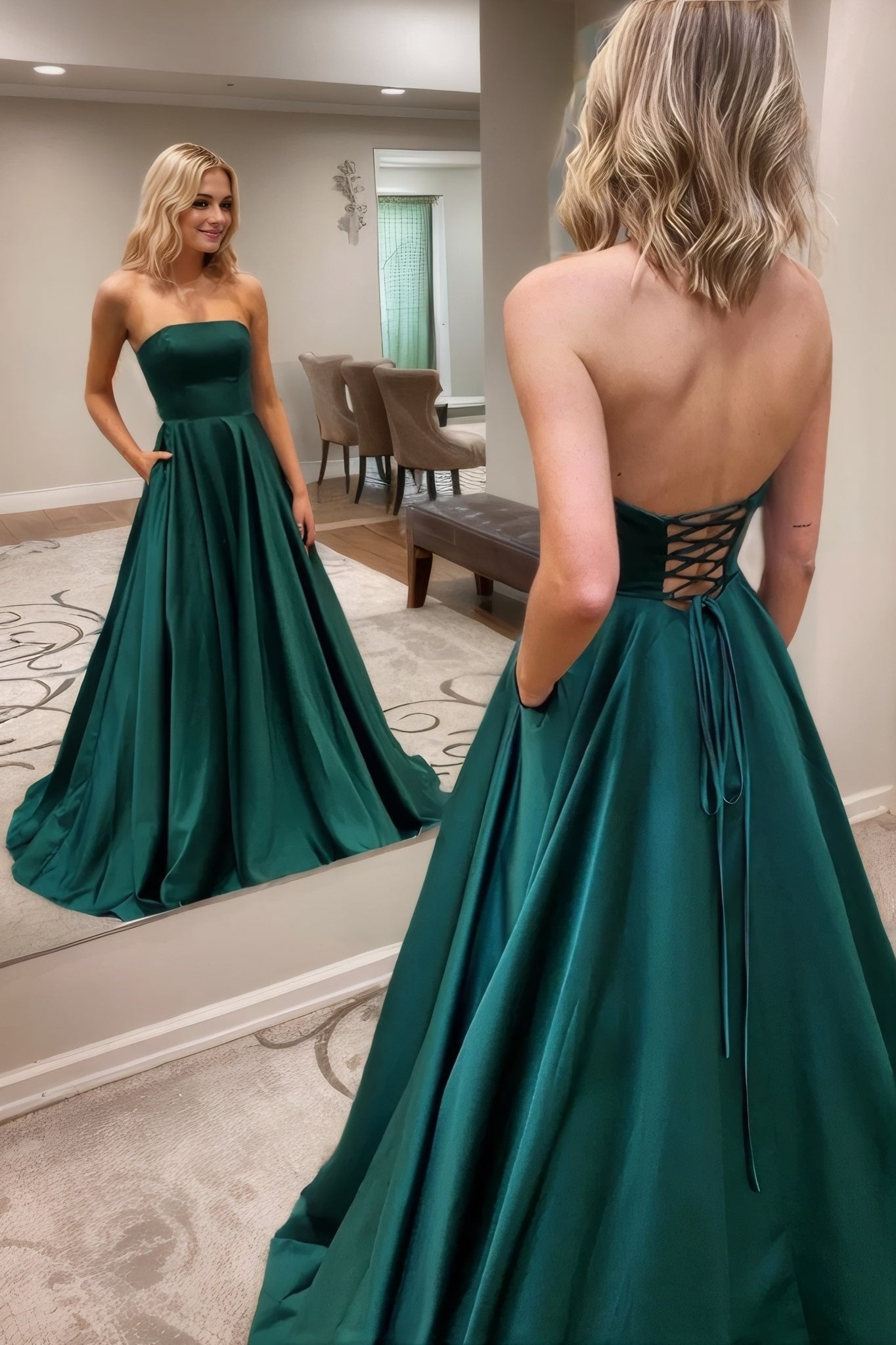 A-Line/Princess Satin Ruffles Strapless Sleeveless Sweep/Brush Train Prom Dresses