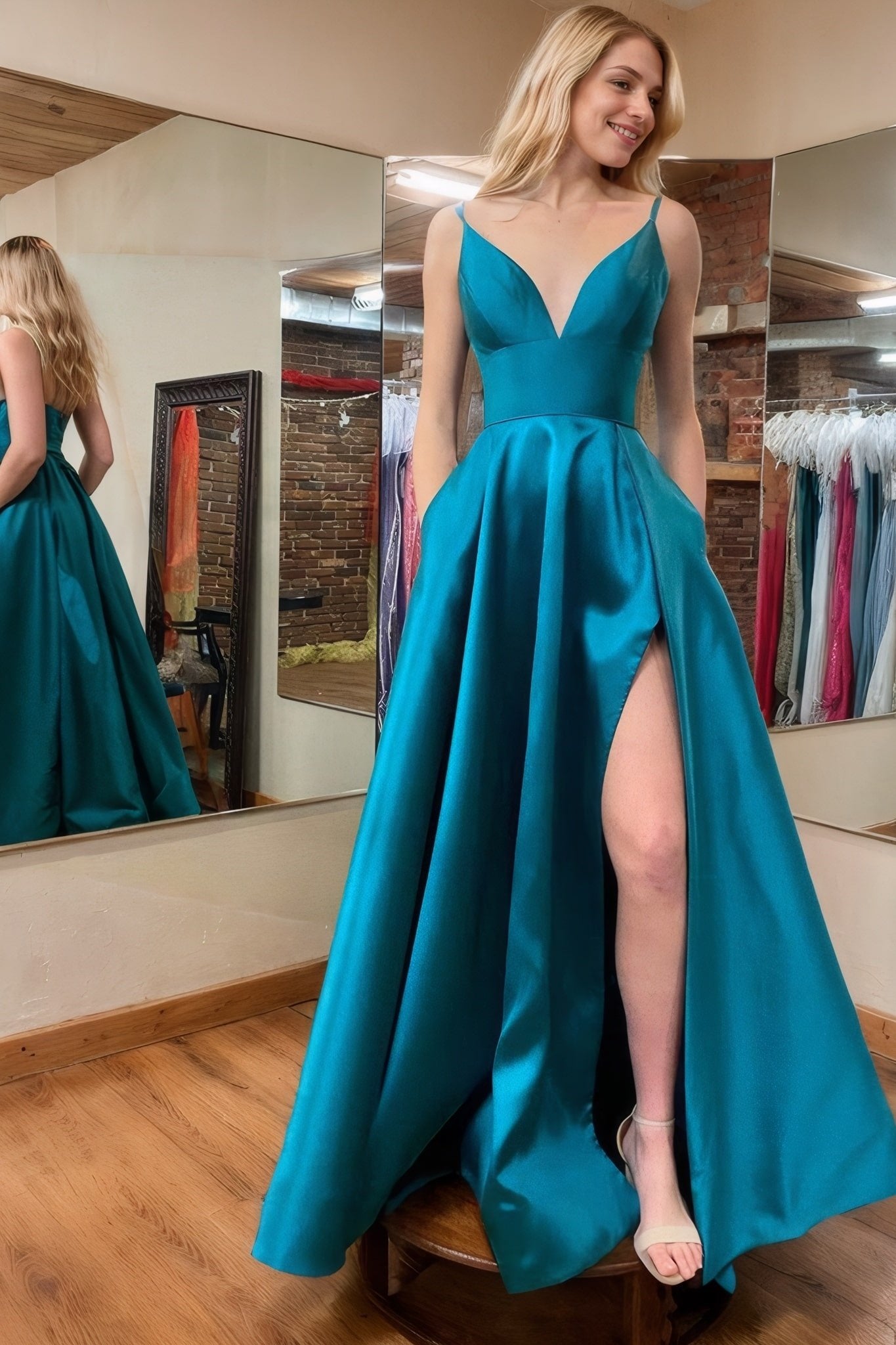 A-line V Neck Sleeveless Satin Long/Floor-Length Prom Dresses With Pockets Split