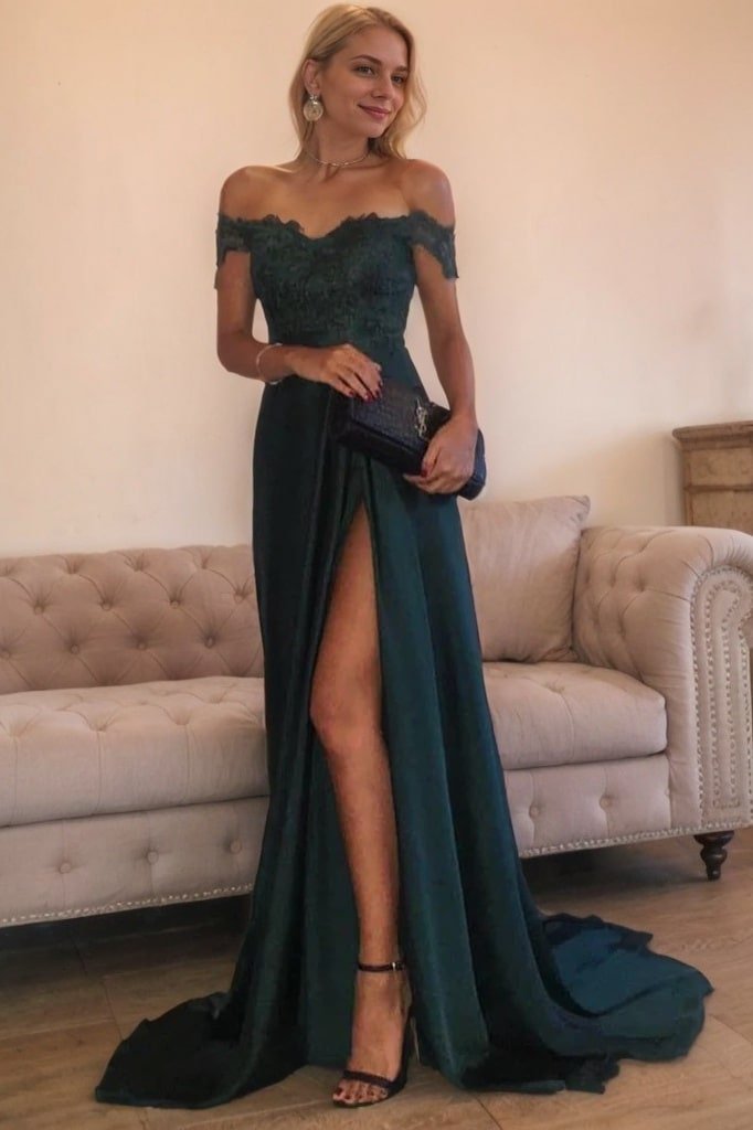 A-Line/Princess Off-the-Shoulder Sleeveless Sweep/Brush Train Lace Silk like Satin Prom Dresses