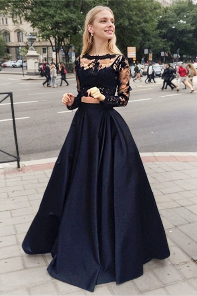A-Line/Princess Full/Long Sleeve Bateau Long/Floor-Length Satin Prom Dresses With Appliqued