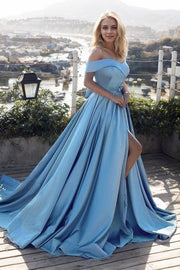 A-Line/Princess Sleeveless Off-the-Shoulder Ruffles Satin Court Train Prom Dresses