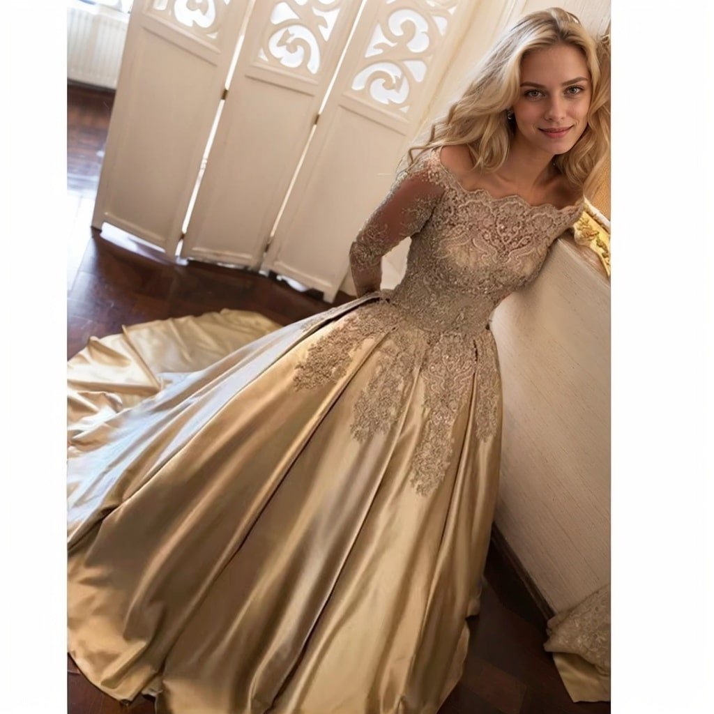 Ball Gown Long Sleeves Off-the-Shoulder Chapel Train Applique Satin Prom Dresses