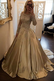 Ball Gown Long Sleeves Off-the-Shoulder Chapel Train Applique Satin Prom Dresses