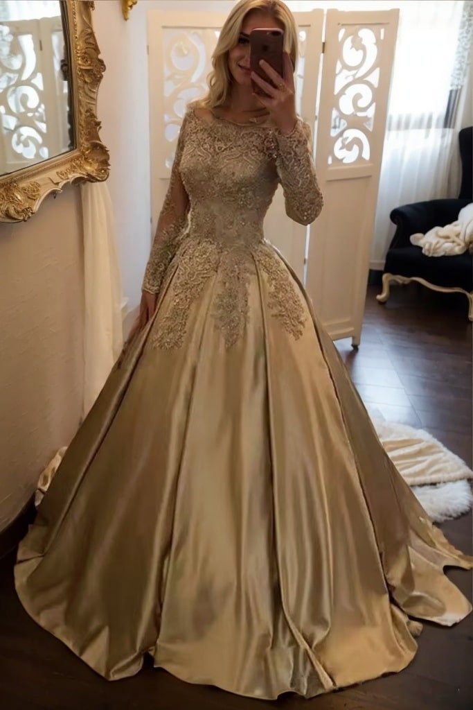 Ball Gown Long Sleeves Off-the-Shoulder Chapel Train Applique Satin Prom Dresses