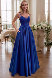 A-Line/Princess Applique Spaghetti Straps Satin Sleeveless Floor-Length Prom Dresses