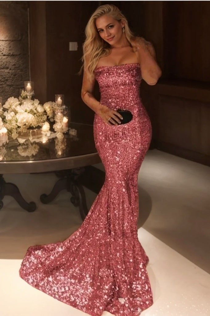 Trumpet/Mermaid Sleeveless Strapless Sweep/Brush Train Sequins Prom Dresses