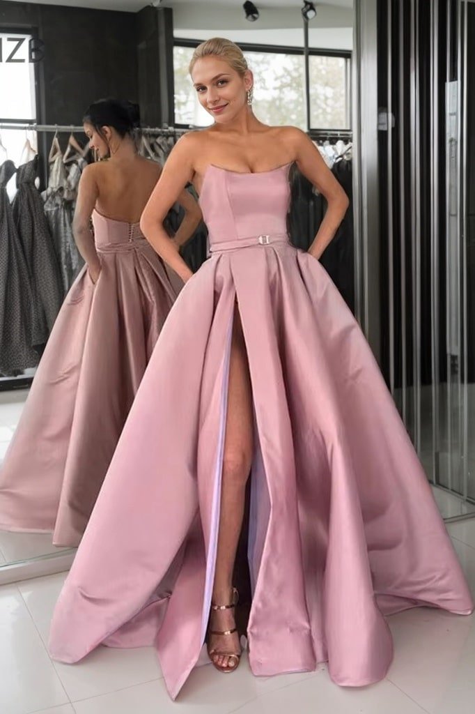 A-line Square Neckline Long/Floor-Length Satin Prom Dresses With Pockets Split