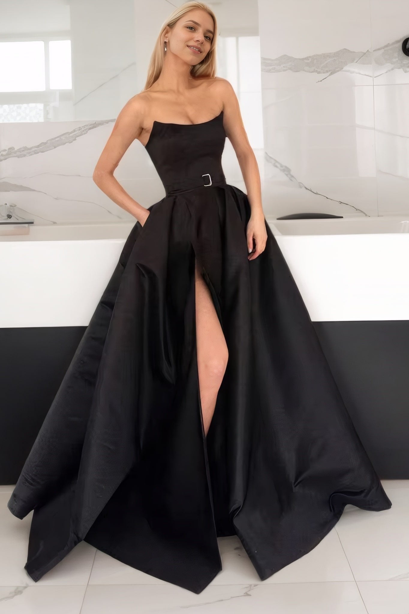 A-line Square Neckline Long/Floor-Length Satin Prom Dresses With Pockets Split