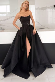 A-line Square Neckline Long/Floor-Length Satin Prom Dresses With Pockets Split