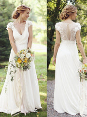 A-Line/Princess Chiffon Ruched V-neck Short Sleeves Sweep/Brush Train Wedding Dresses-0