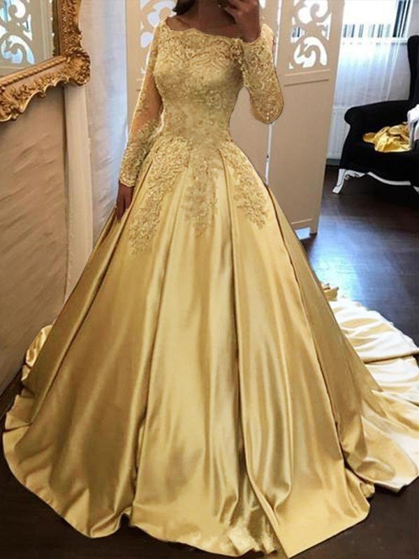 Ball Gown Long Sleeves Off-the-Shoulder Chapel Train Applique Satin Prom Dresses