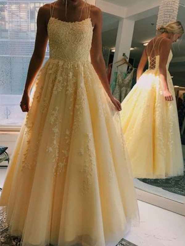 A-Line/Princess Tulle Applique Spaghetti Straps Sleeveless Floor-Length Prom Dresses