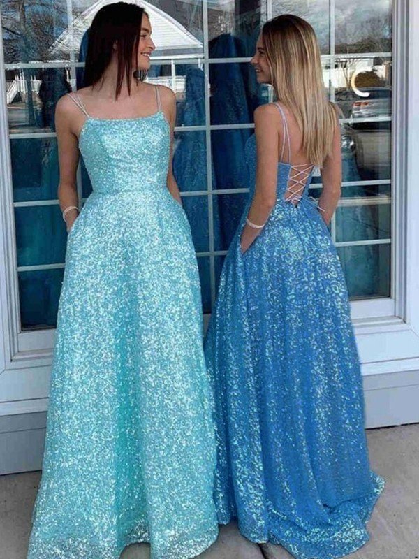 A-Line/Princess Sequins Spaghetti Straps Sleeveless Sweep/Brush Train Prom Dresses