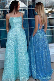 A-Line/Princess Sequins Spaghetti Straps Sleeveless Sweep/Brush Train Prom Dresses-0