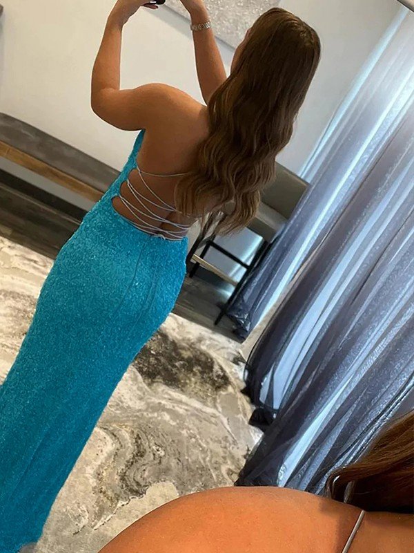 Trumpet/Mermaid Sequins Ruched V-neck Sleeveless Sweep/Brush Train Prom Dresses