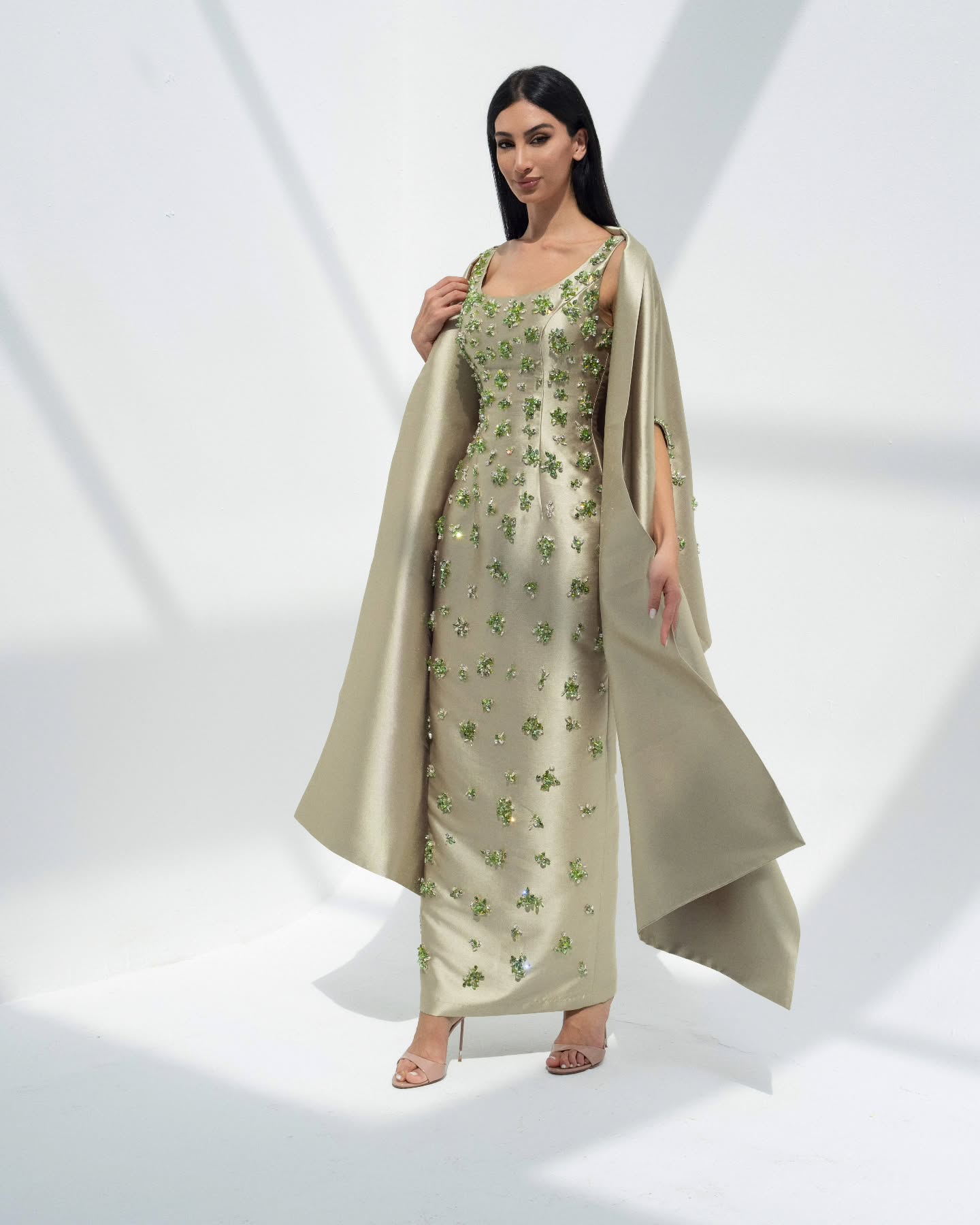 Chic Sage Green 3D Floral Beaded Evening Dress with Cape SS536