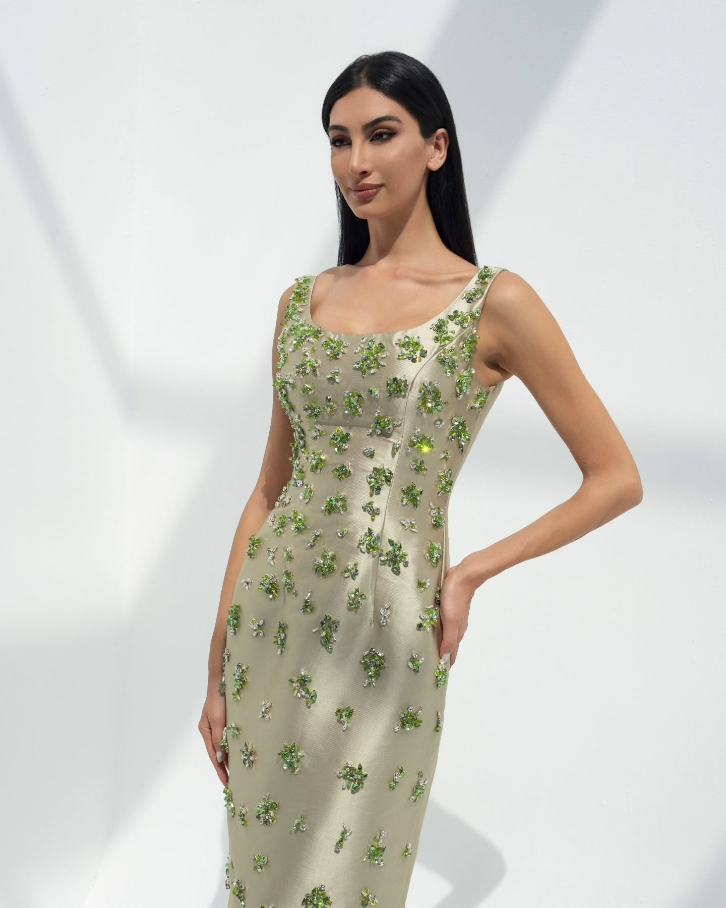 Chic Sage Green 3D Floral Beaded Evening Dress with Cape SS536