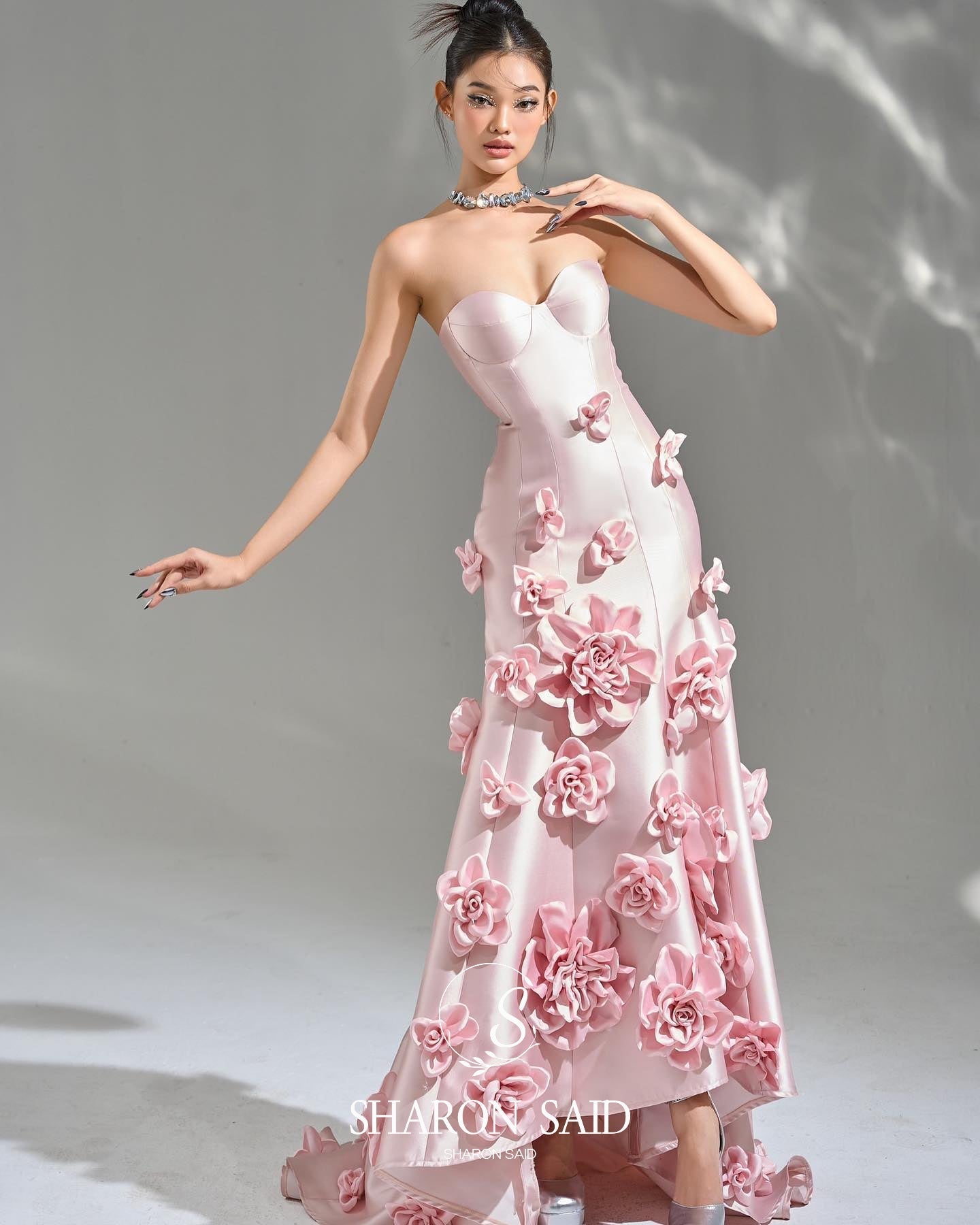 Elegant Pink 3D Flowers Strapless Evening Dress SF025  Pink / US 16