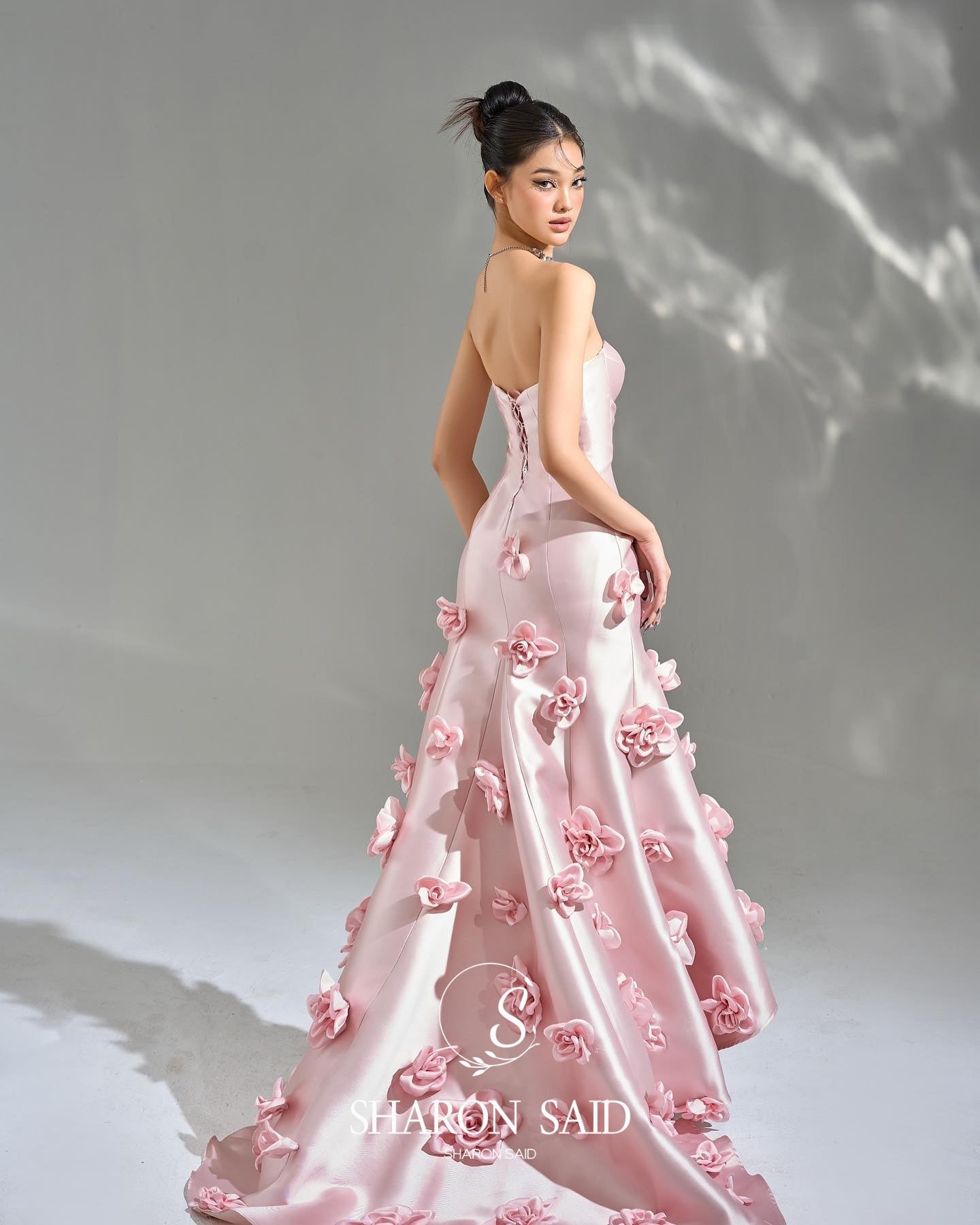 Elegant Pink 3D Flowers Strapless Evening Dress SF025