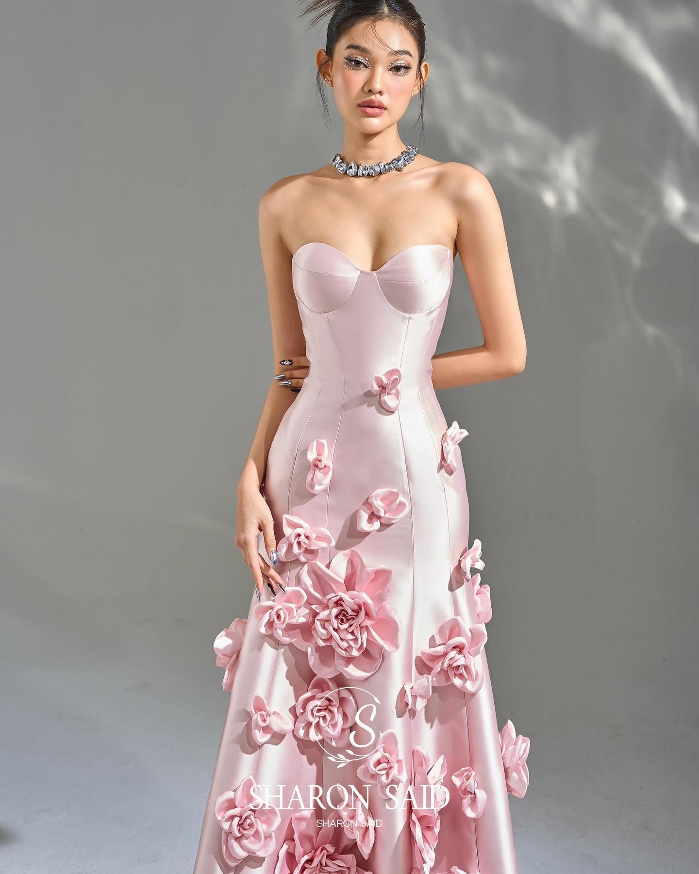 Elegant Pink 3D Flowers Strapless Evening Dress SF025