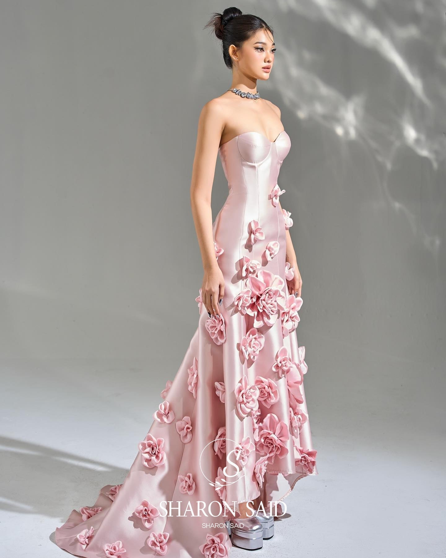 Elegant Pink 3D Flowers Strapless Evening Dress SF025