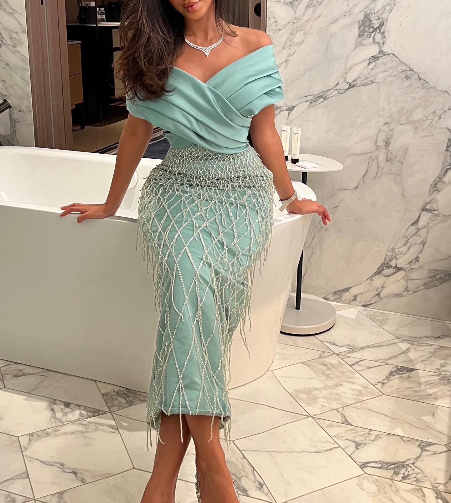 Elegant Off Shoulder Sage Green Tassel Evening Dress SS667