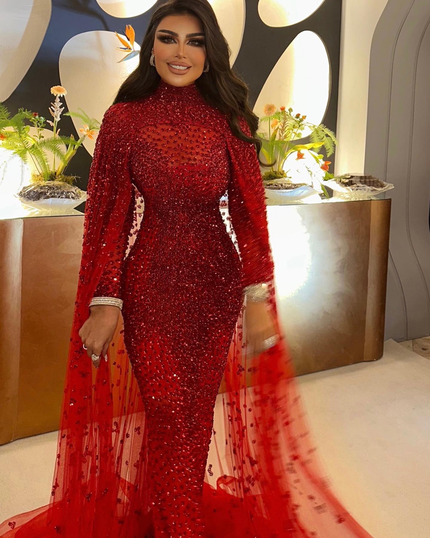 Luxury Wine Red Long Sleeves Muslim Evening Dress with Cape SS202