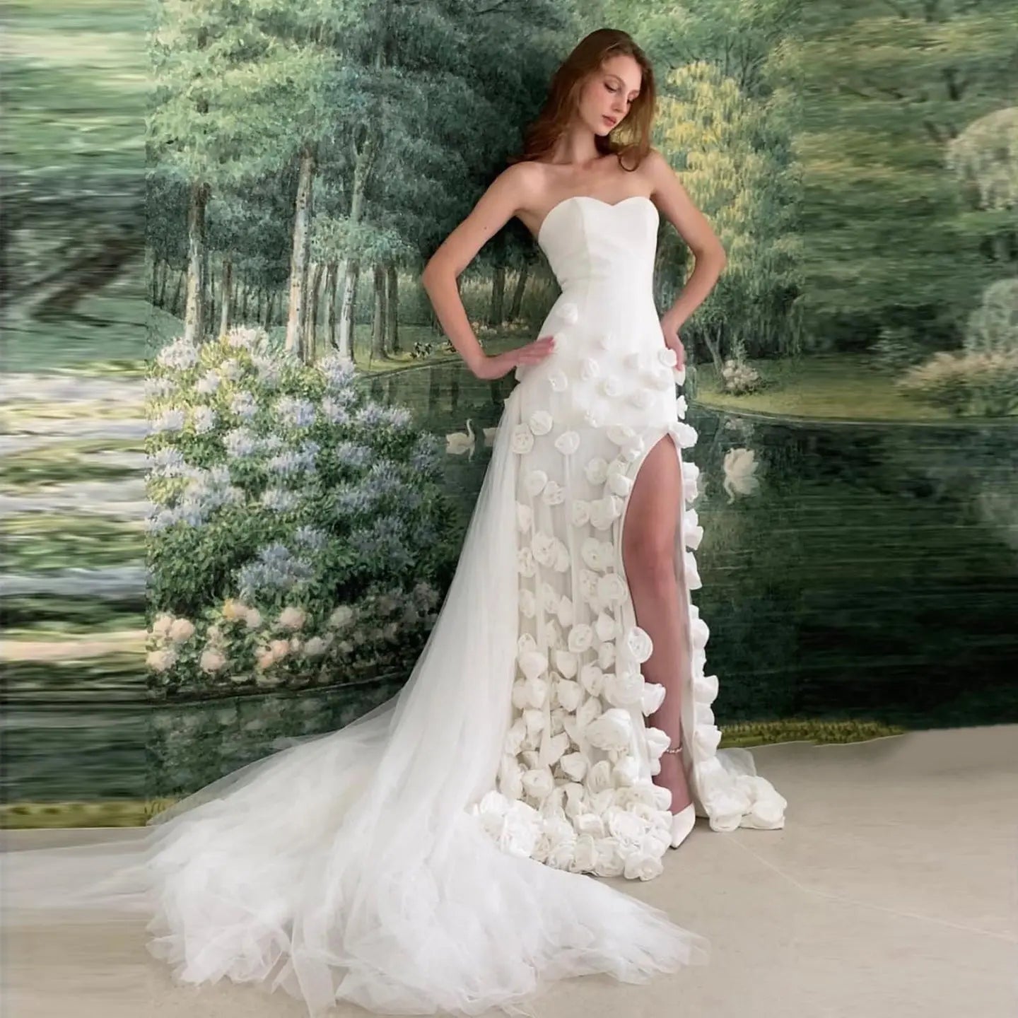 Chic Pink 3D Flowers Strapless Mermaid Evening Dress Side Slit SS207 Sharon Said