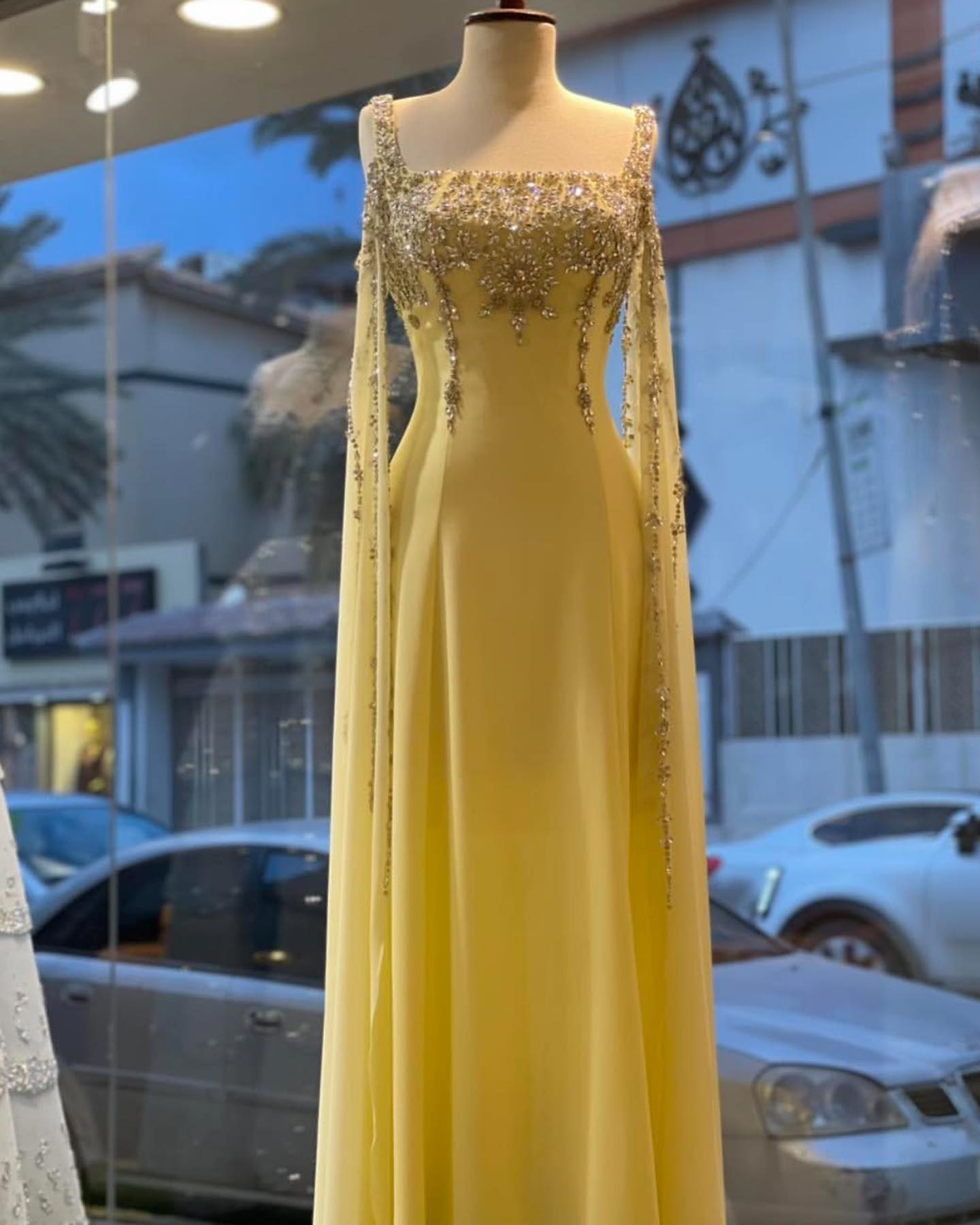 Chic Blue Crystal  Evening Dress with Flowing Cape Sleeve SS305