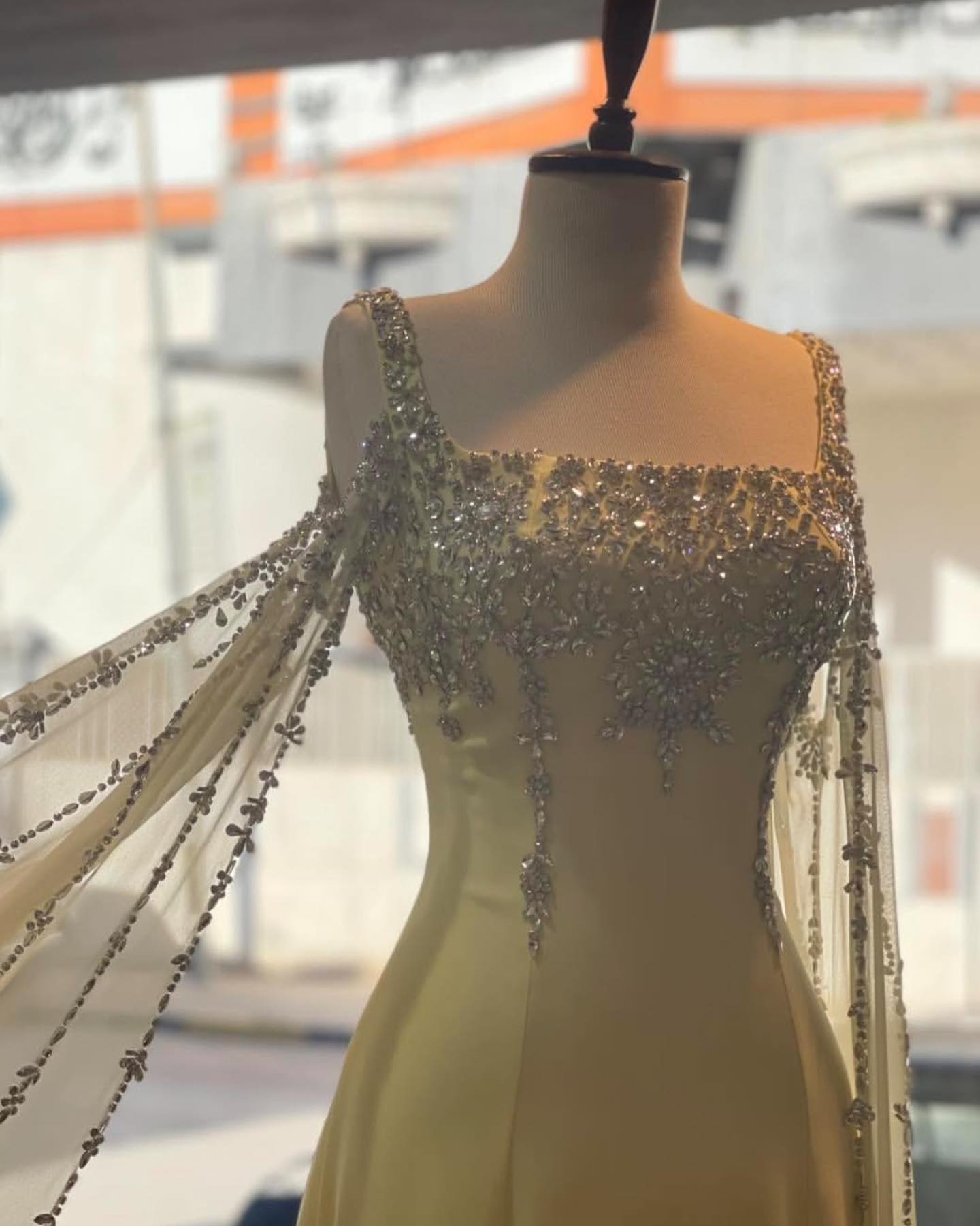 Chic Blue Crystal  Evening Dress with Flowing Cape Sleeve SS305