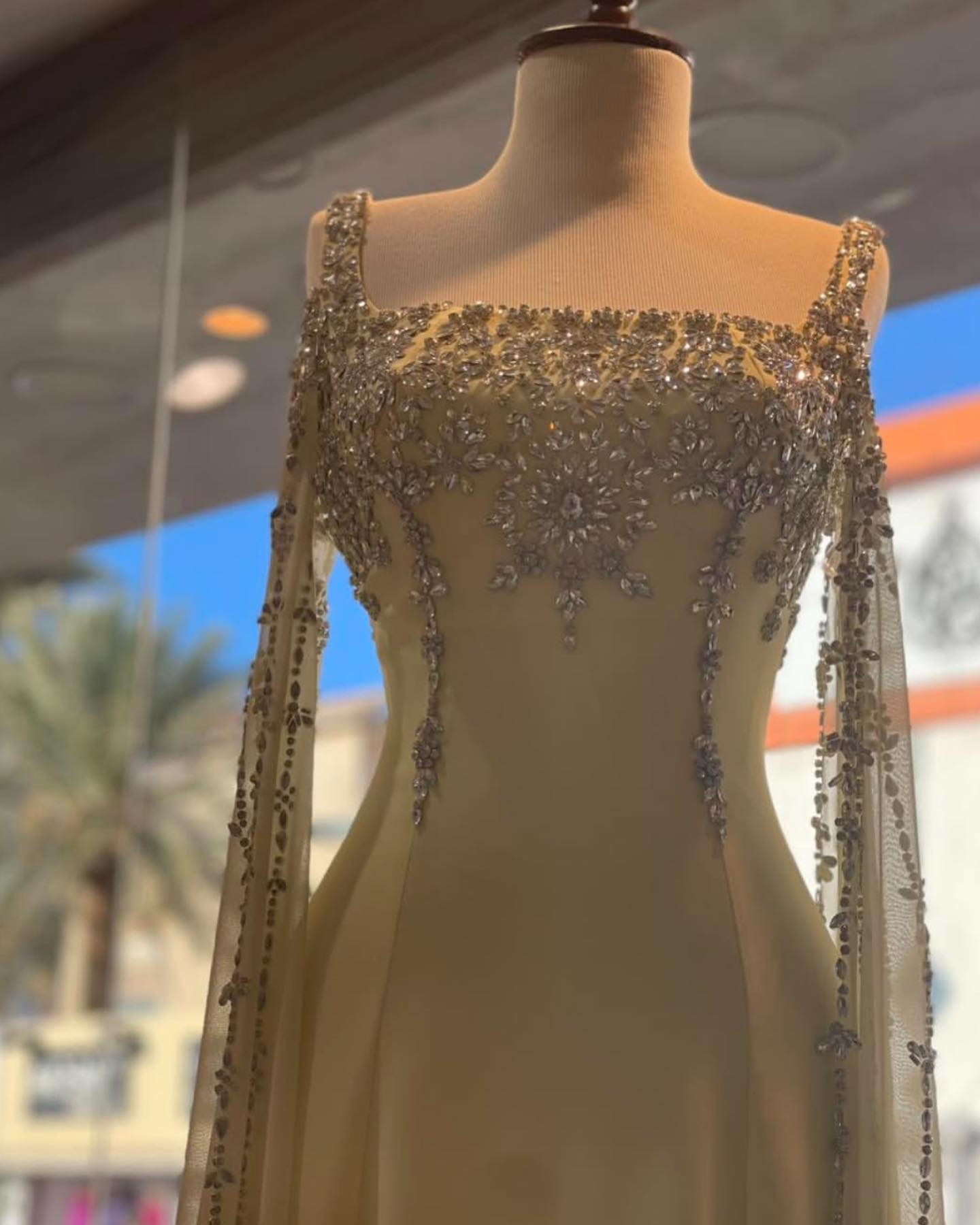 Chic Blue Crystal  Evening Dress with Flowing Cape Sleeve SS305